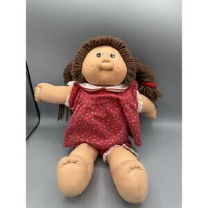 Vintage Cabbage Patch Kids Doll Brown Yarn Hair Red Floral Dress Signed